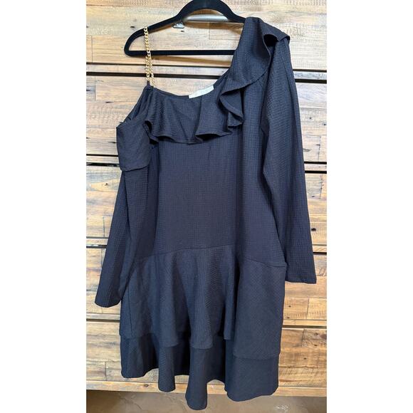 Michael Kors Dress Women's Large One Shoulder Ruffle Chain Detail Long Sleeve - Picture 1 of 11
